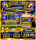 Aggie GHOE commemorative candle and yard sign bundle in blue and gold, advertised together for $35.