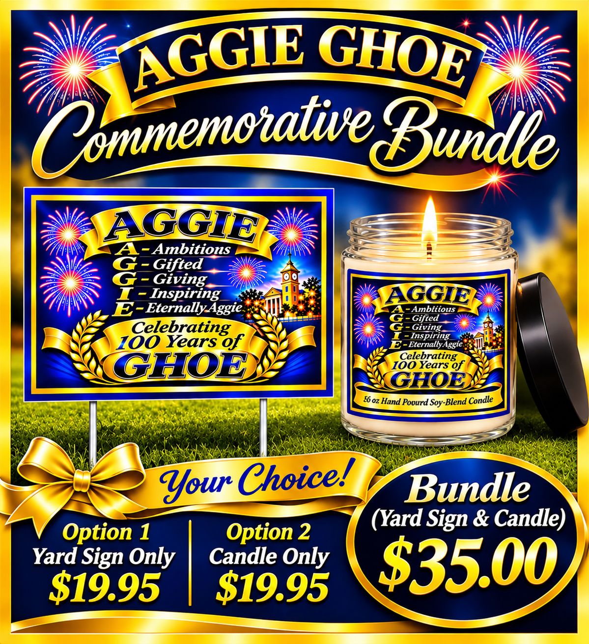Aggie GHOE commemorative candle and yard sign bundle in blue and gold, advertised together for $35.